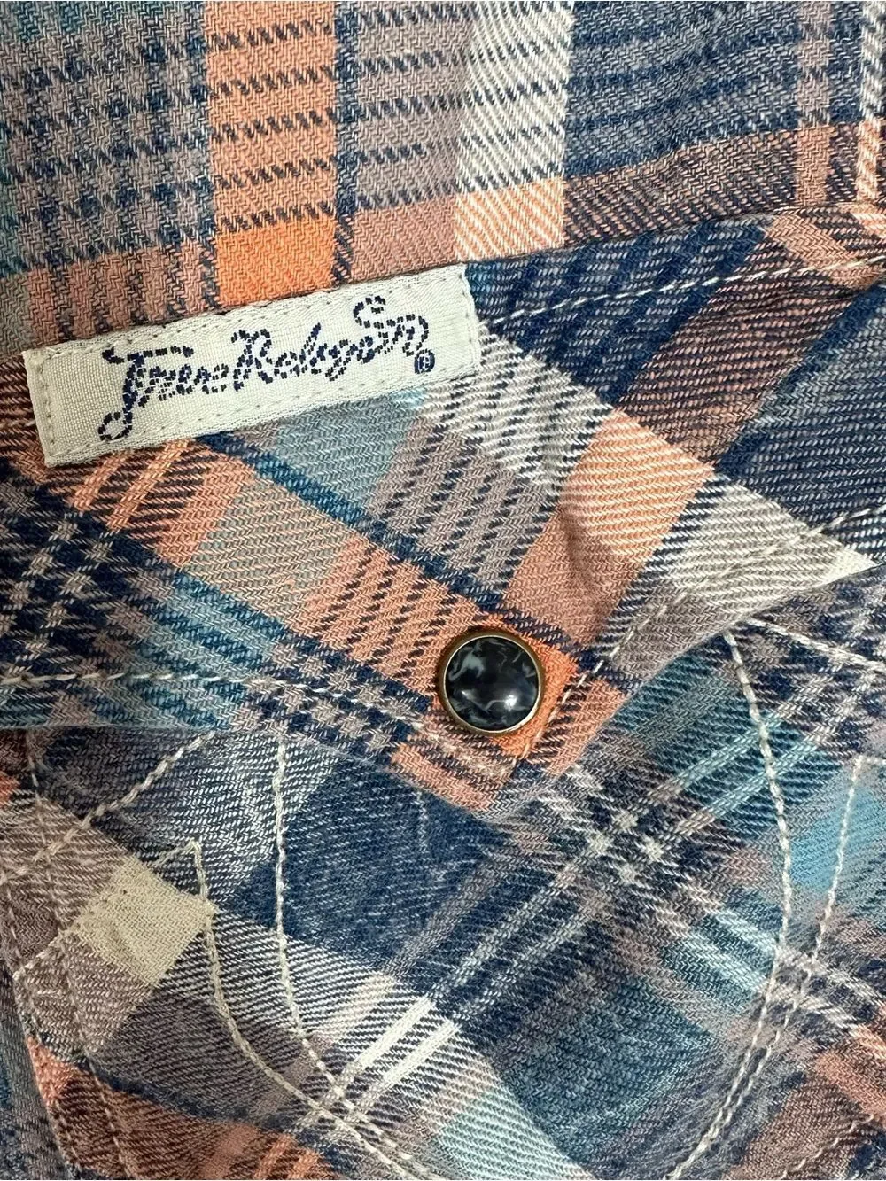 True Religion Blue and Peach Plaid Button-Down Shirt